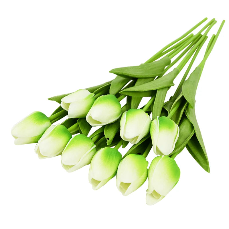 10PCS real touch artificial tulip flower bouquet for wedding, home, or garden decoration-white and green