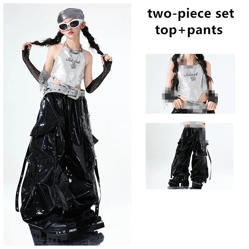 Two-piece outfit with top and pants on a white background