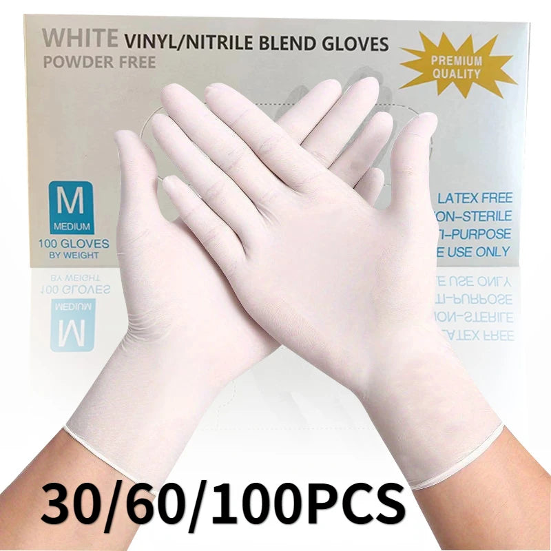 Box of white vinyl/nitrile blend gloves with a pair of hands wearing gloves on a white background.