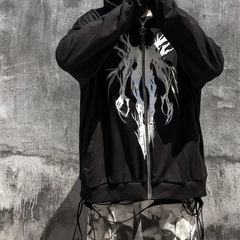 Gothic Graphic Print Zip-Up Hoodie for Women – Casual Long Sleeve Streetwear Sweater - 04