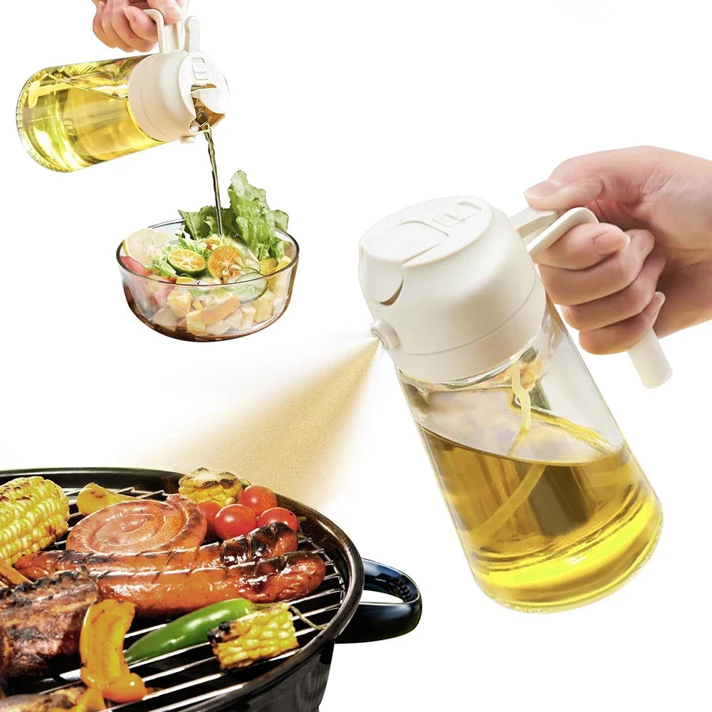 Oil sprayer being used to drizzle oil over salad and grill vegetables.