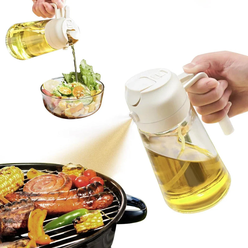 Oil sprayer being used to drizzle oil over salad and grill vegetables.