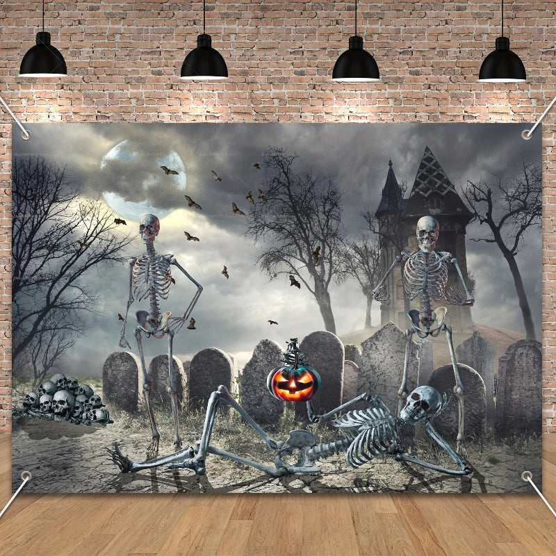 Halloween-themed decorative wall mural with skeletons and a pumpkin in a cemetery setting.