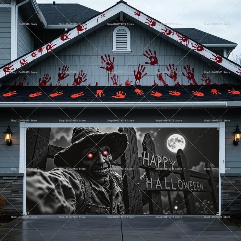 Halloween-themed house exterior with decorations and a scarecrow in front.