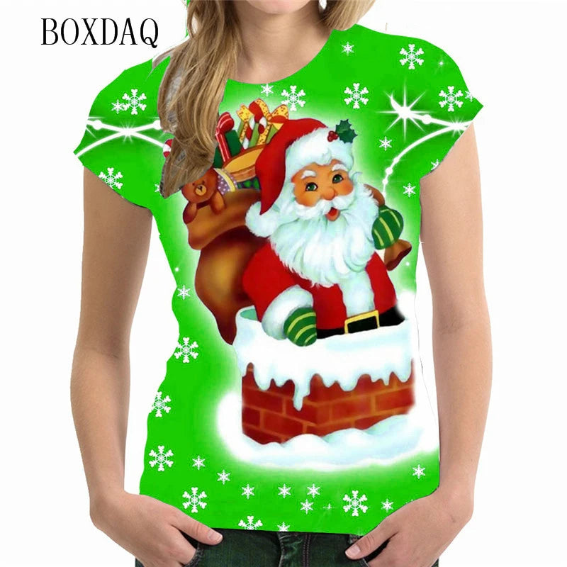Women's Short Sleeve Cartoon Santa Claus T-shirts - 10