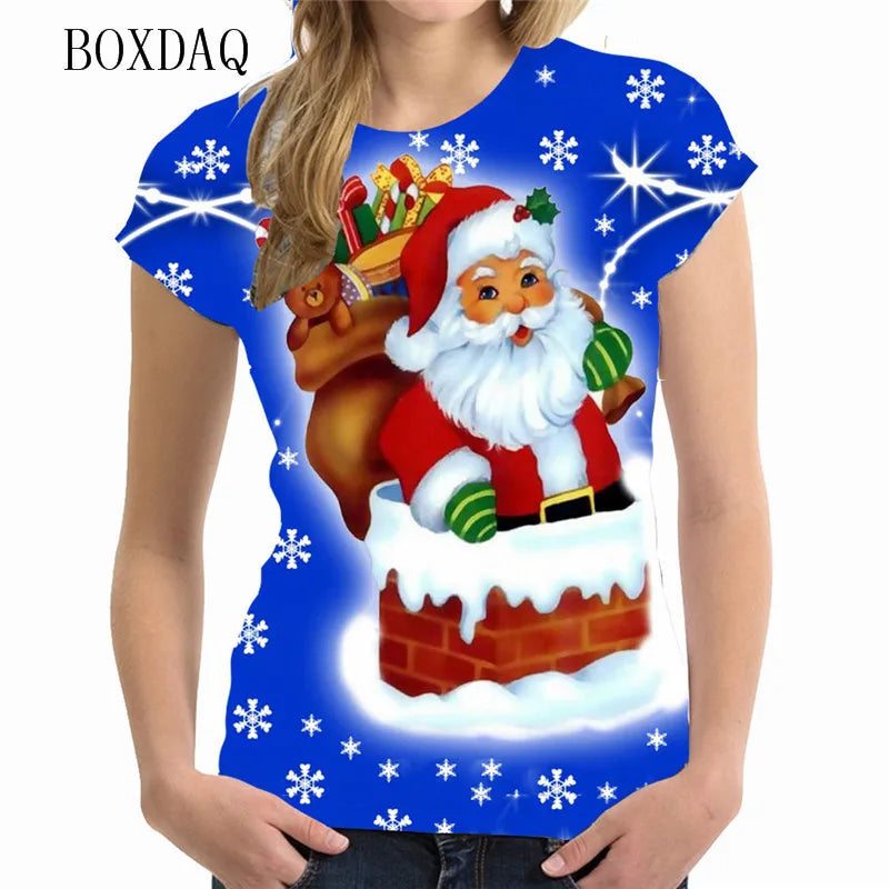 Women's Short Sleeve Cartoon Santa Claus T-shirts - 11