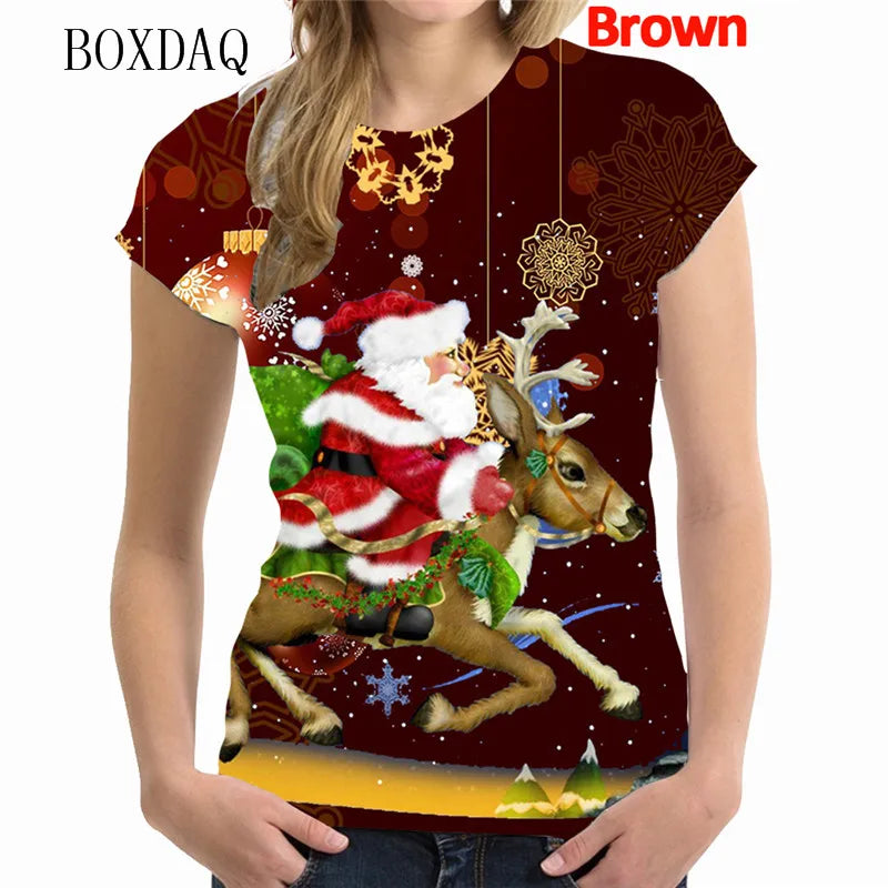 Women's Short Sleeve Cartoon Santa Claus T-shirts - 12