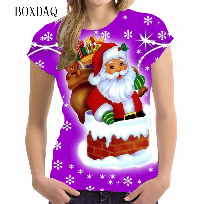 Women's Short Sleeve Cartoon Santa Claus T-shirts - 2