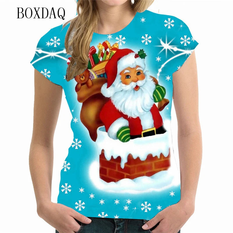 Women's Short Sleeve Cartoon Santa Claus T-shirts - 4