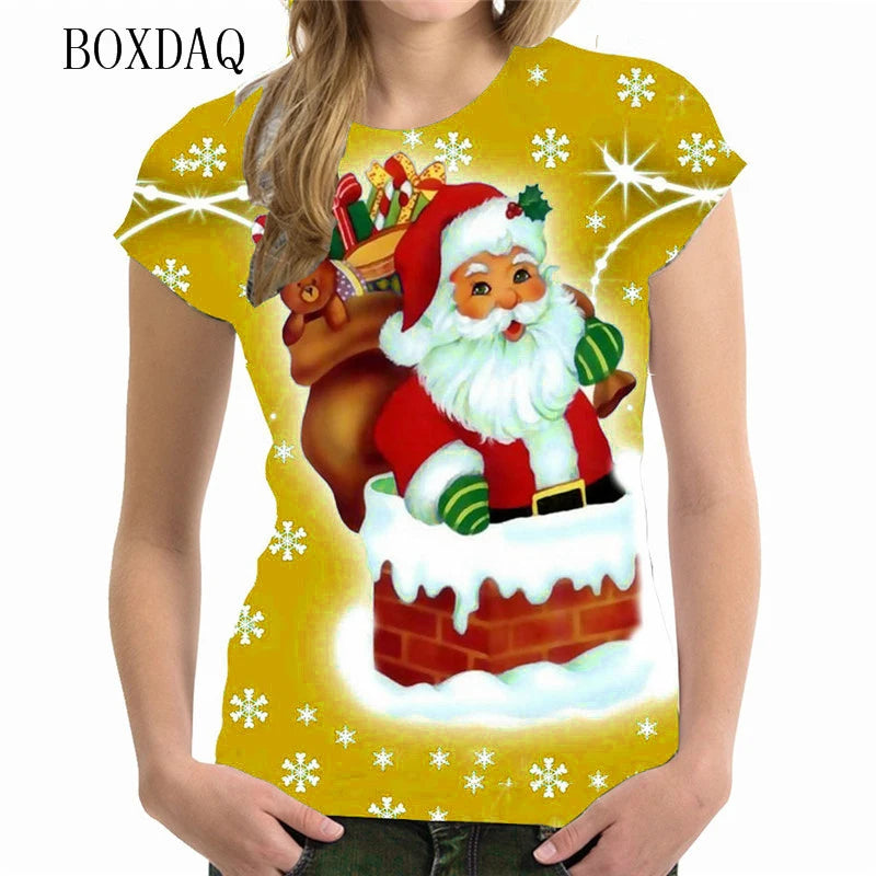 Women's Short Sleeve Cartoon Santa Claus T-shirts - 5