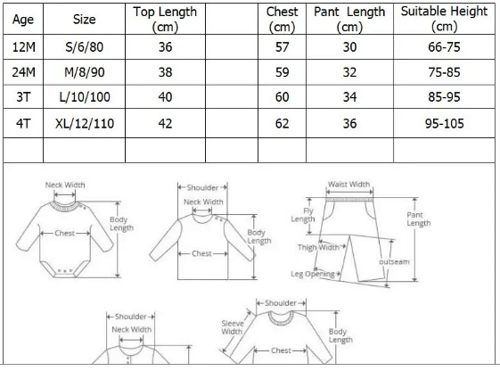 Size chart for children's clothing with measurements and suitable height ranges.