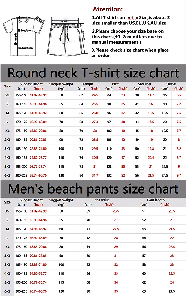 Size chart for men's round neck T-shirt and beach pants with brand logo.
