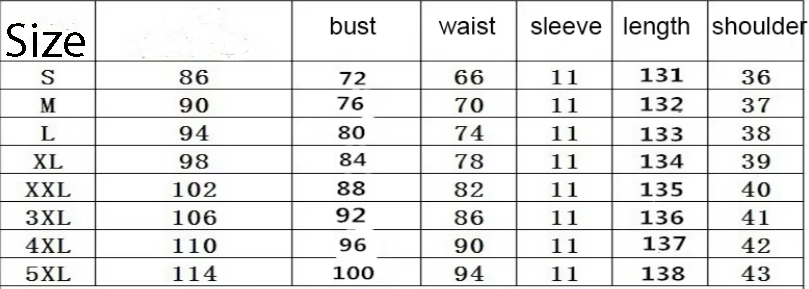 Table displaying clothing size chart with measurements for bust, waist, sleeve, length, and shoulder.