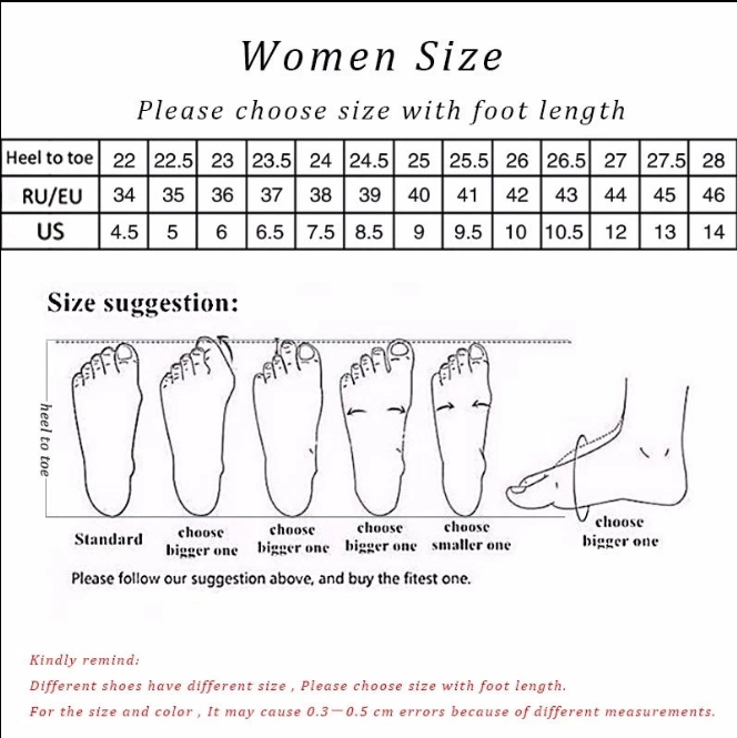 Size chart for women's shoes with foot length measurement guide