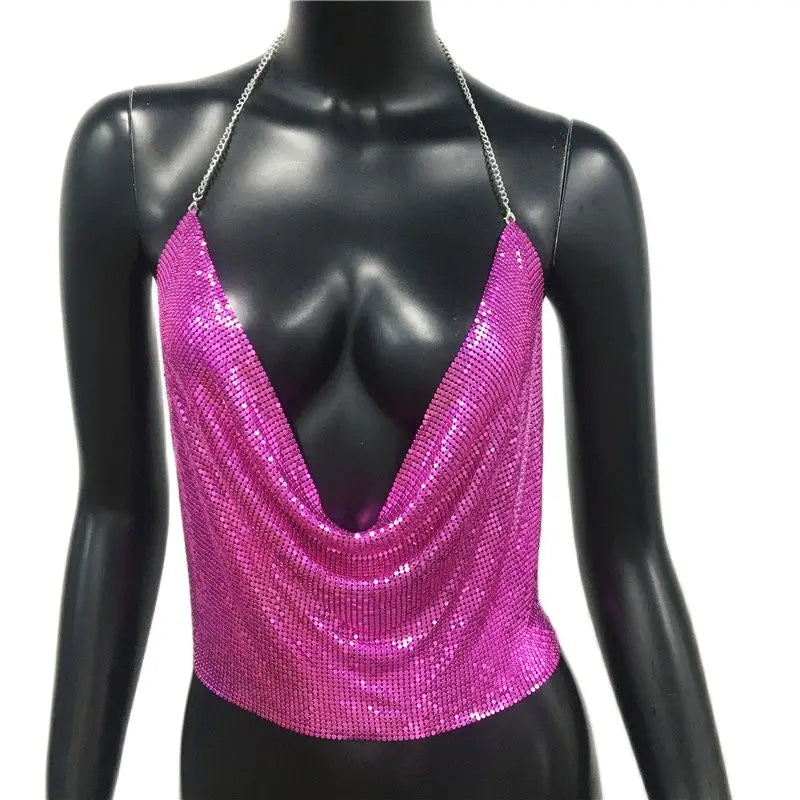 Women’s Metal Sequin V‑Neck Backless Crop Top – Party Tank