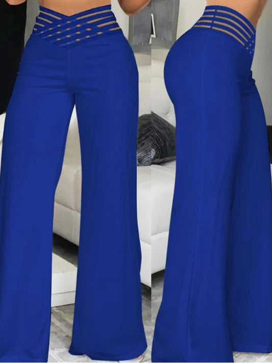 women’s high-waisted wide-leg flared pants with sheer mesh patchwork and crisscross waist detail