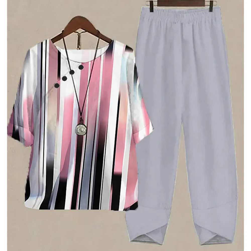 Women's Stripe Print Two Piece Set | Casual Summer Pants Outfit