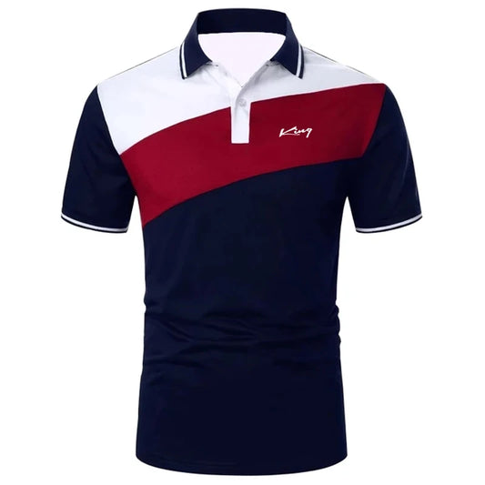 A men's polo shirt with a color block design, featuring a white collar, red, white, and blue colors, and short sleeves.