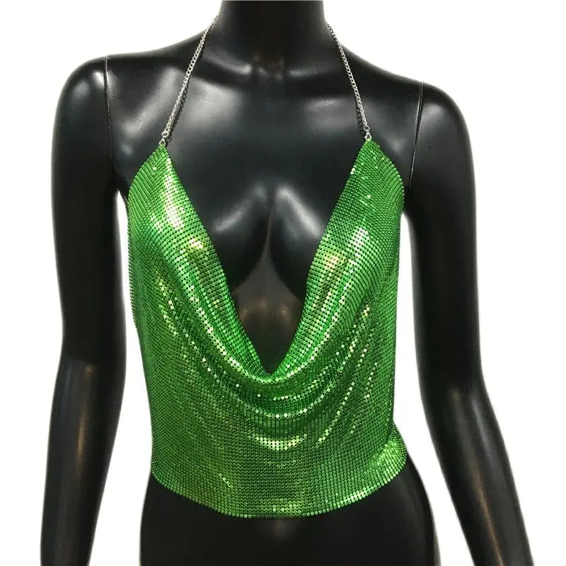 Women’s Metal Sequin V‑Neck Backless Crop Top – Party Tank