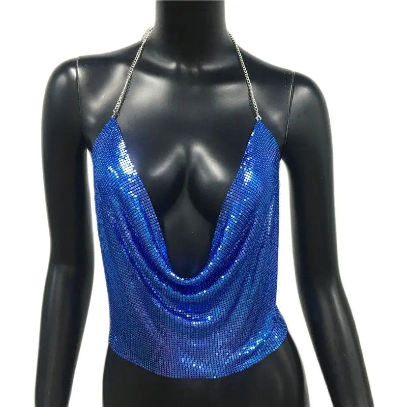 Women’s Metal Sequin V‑Neck Backless Crop Top – Party Tank