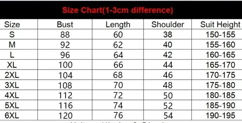Size chart with measurements for clothing items in centimeters