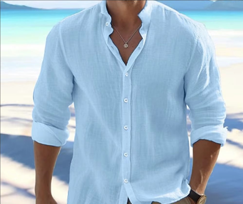 Cotton Linen Shirt – Casual Beach Style, Stand Collar, Plus Size