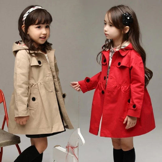 Autumn khaki hooded trench coat windbreaker jacket for girls – stylish and lightweight kids outerwear-Red-Khaki - 1