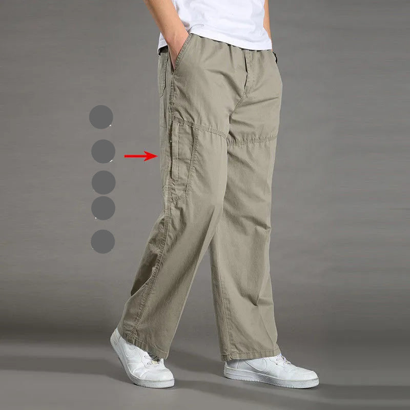 Men’s large size cotton cargo pants with elastic waist and jogger fit green L