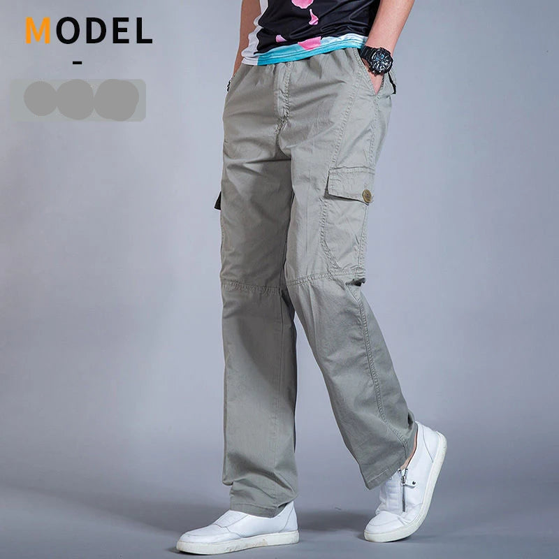Men’s large size cotton cargo pants with elastic waist and jogger fit 214