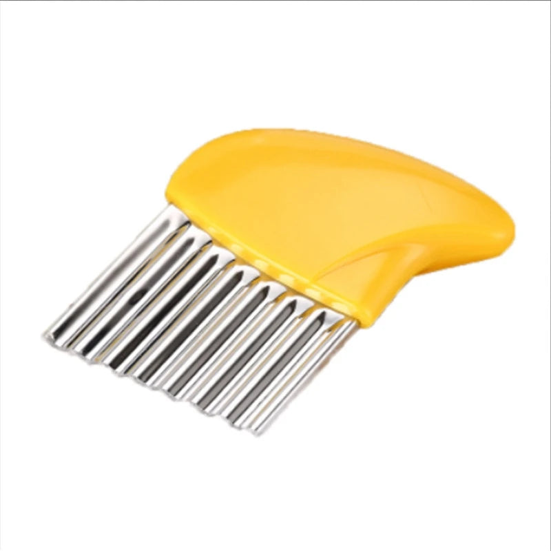 Stainless steel wavy potato cutter and French fry chopper kitchen tool for making crisp, uniform fries easily  yellow