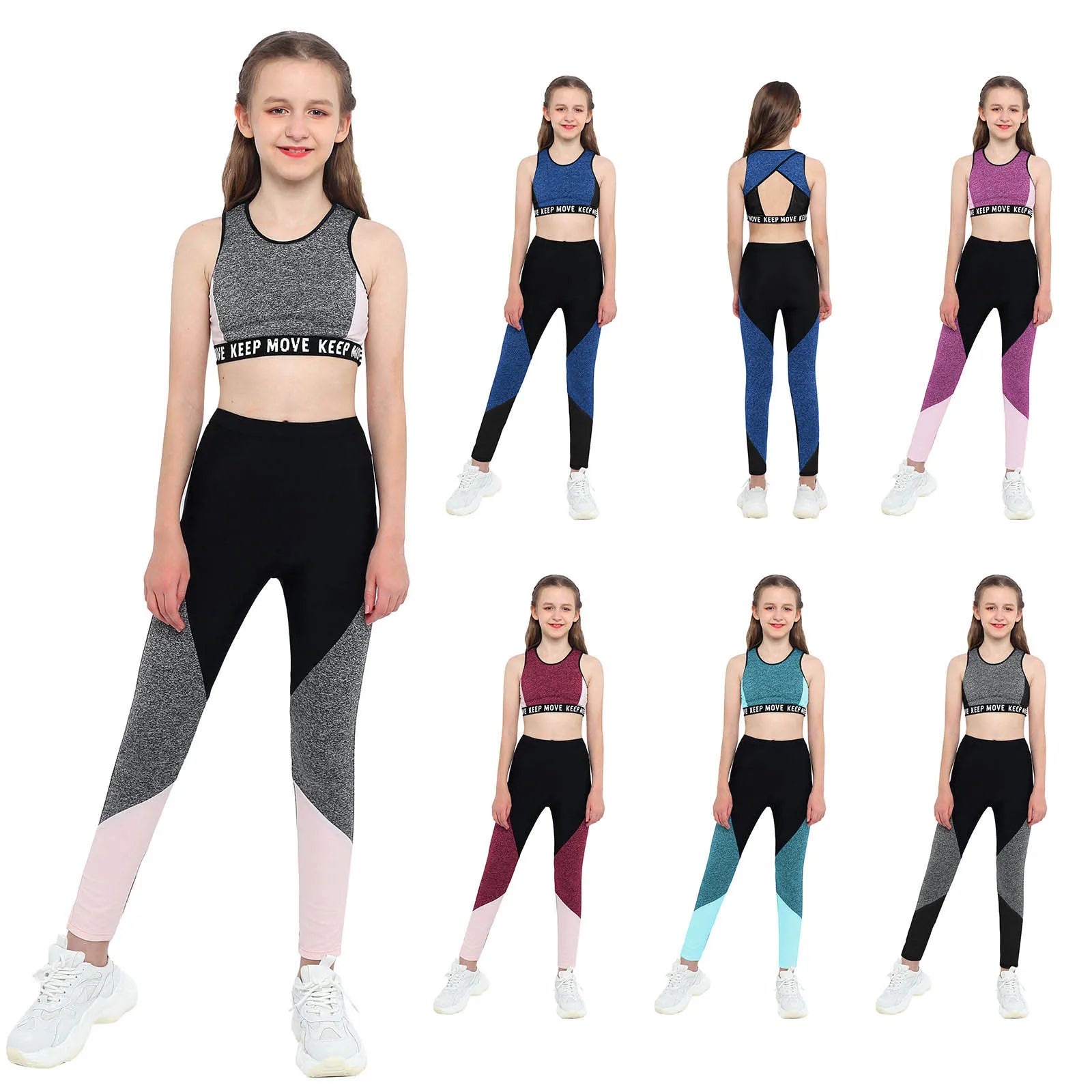 Girl modeling a sports outfit with various color variations on a white background