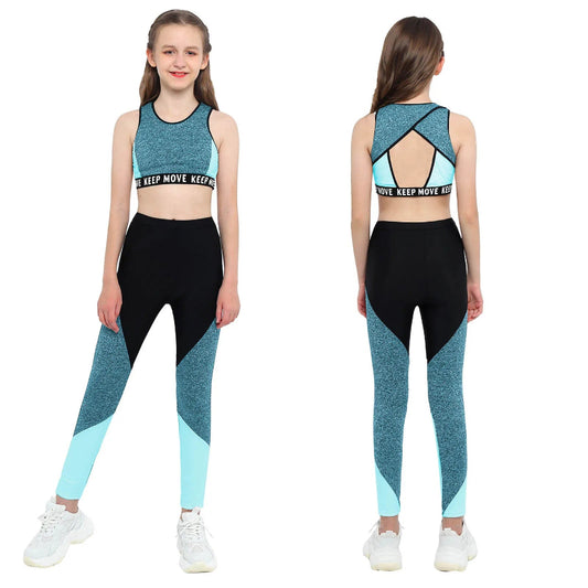 Girl wearing a blue and black sports outfit with 'Keep Move Keep' branding, front and back views.