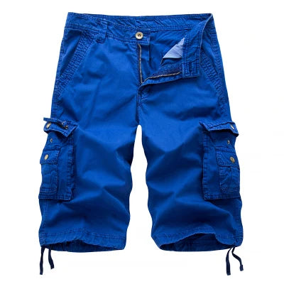 Blue cargo shorts on a white background