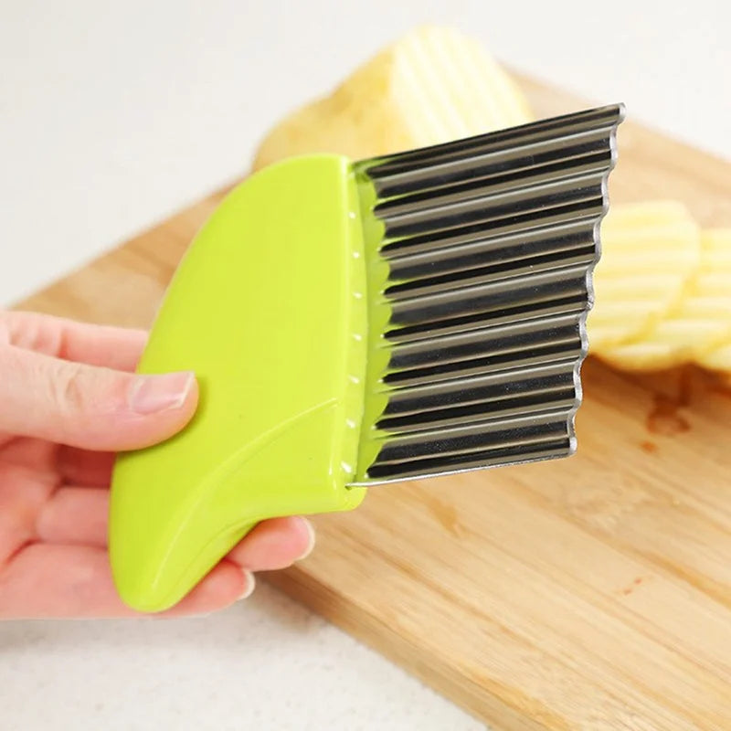 Stainless steel wavy potato cutter and French fry chopper kitchen tool for making crisp, uniform fries easily - green 03