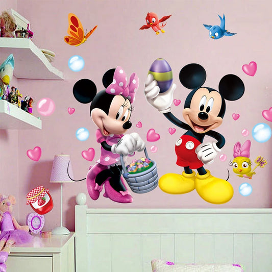 Wall stickers of Mickey and Minnie Mouse with Easter eggs and decorations on a pink wall.