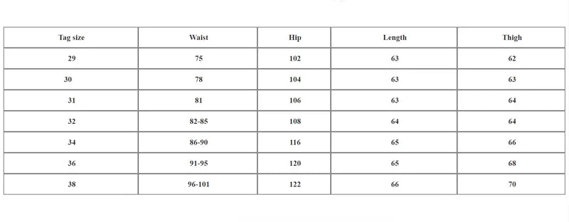 Measurement chart for clothing sizes with waist, hip, length, and thigh dimensions.
