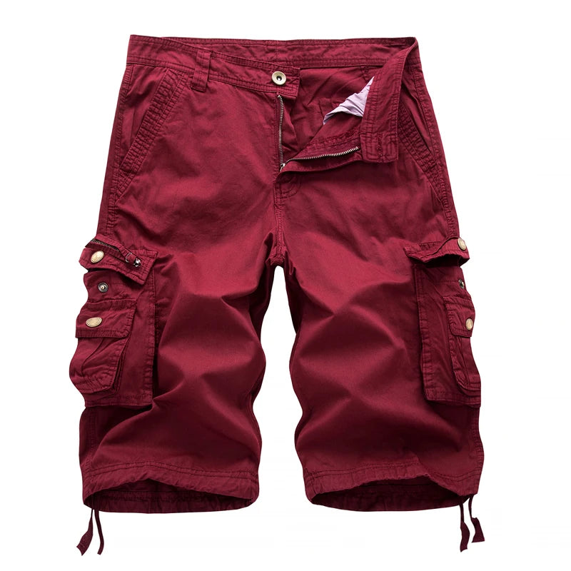Maroon cargo shorts on a light gray background