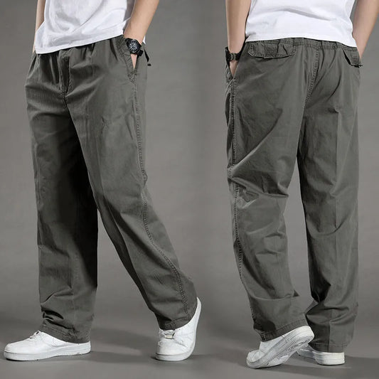 Men’s large size cotton cargo pants with elastic waist and jogger fit green
