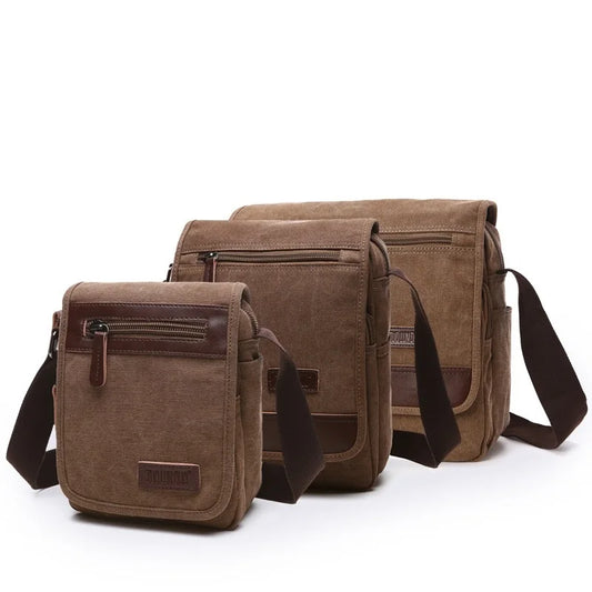 Three brown leather bags of different sizes on a white background
