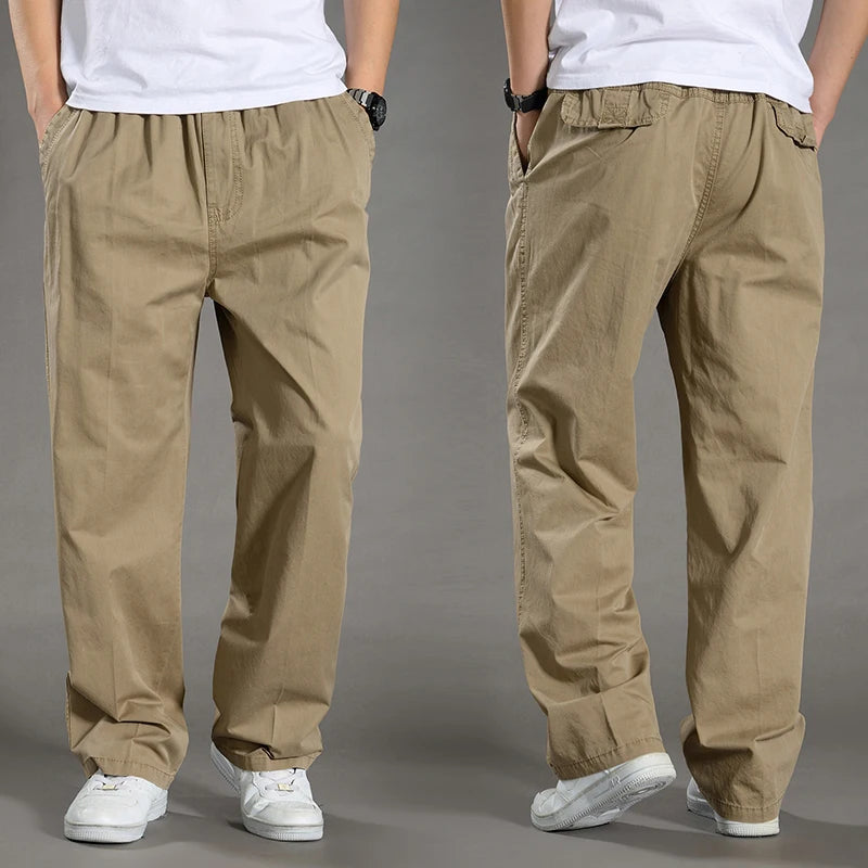 Men’s large size cotton cargo pants with elastic waist and jogger fit 2 kaki