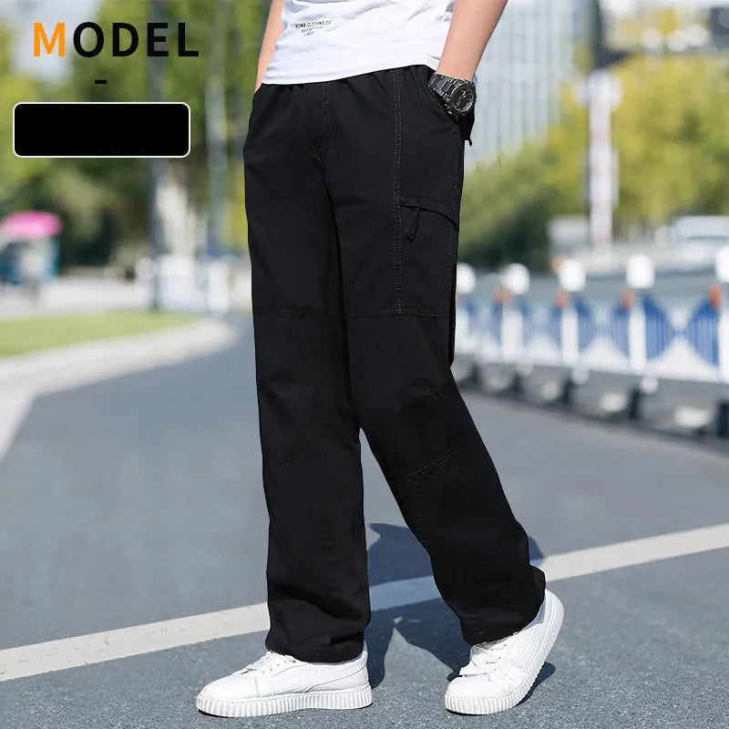 Men’s large size cotton cargo pants with elastic waist and jogger fit black