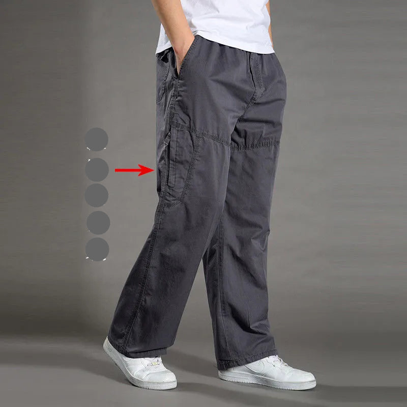 Men’s large size cotton cargo pants with elastic waist and jogger fit Gray
