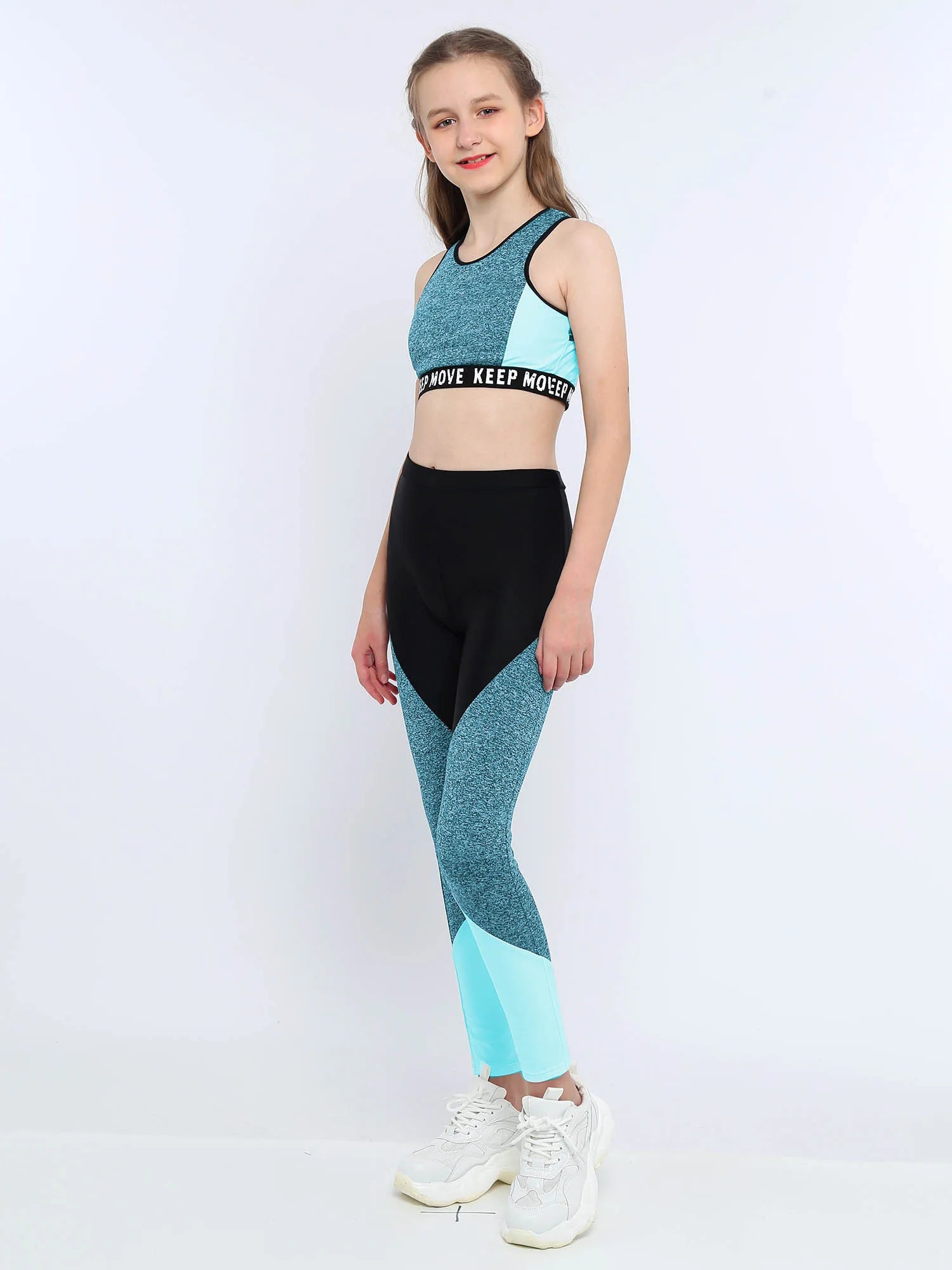 Girl wearing a colorful sports outfit with a white background