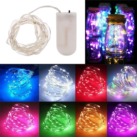 20 and 40 LED copper wire fairy lights glowing in warm white, battery operated for Christmas, wedding, and indoor decoration several colors
