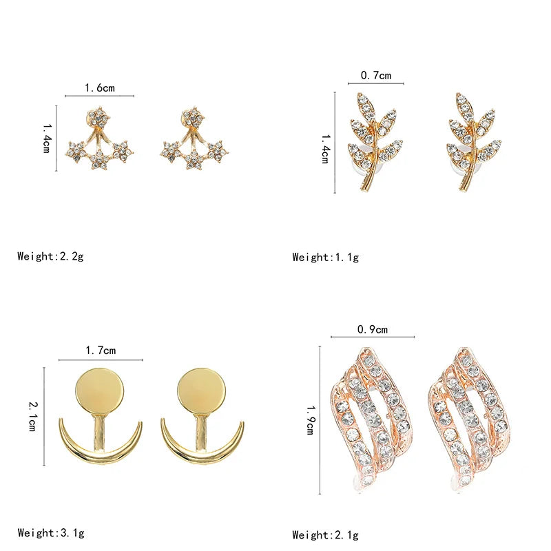 Set of gold and rose gold earrings with measurements and weights on a white background