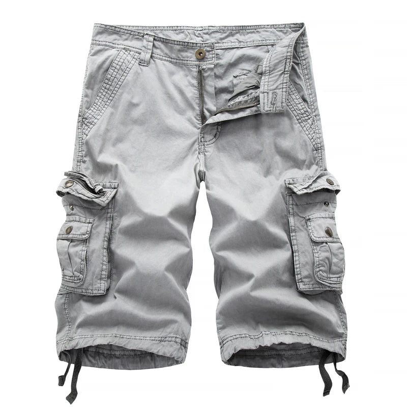 Light gray cargo shorts on a white background