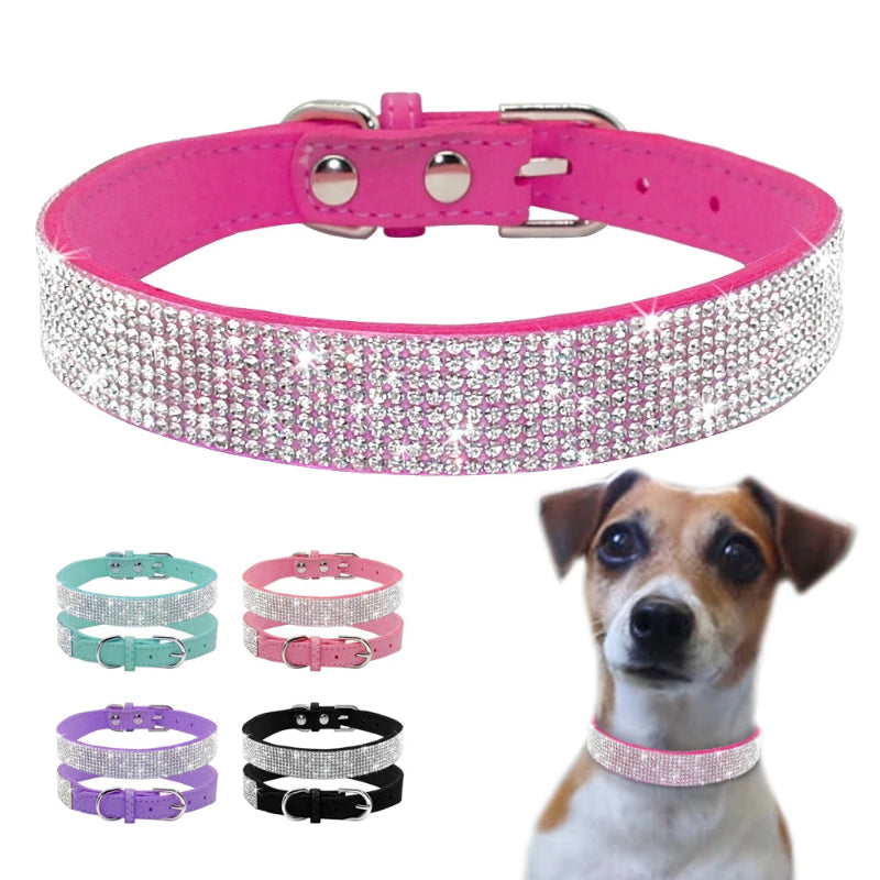 Pink dog collar with rhinestones, shown on a white background with a dog wearing a similar collar.
