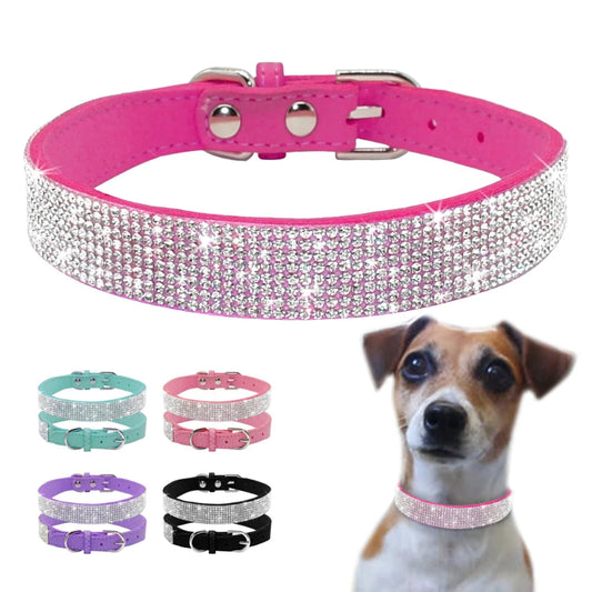 Pink dog collar with rhinestones, shown on a white background with a dog wearing a similar collar.