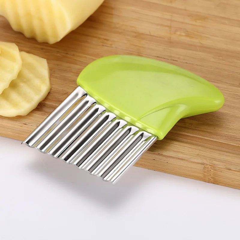 Stainless steel wavy potato cutter and French fry chopper kitchen tool for making crisp, uniform fries easily-green -06