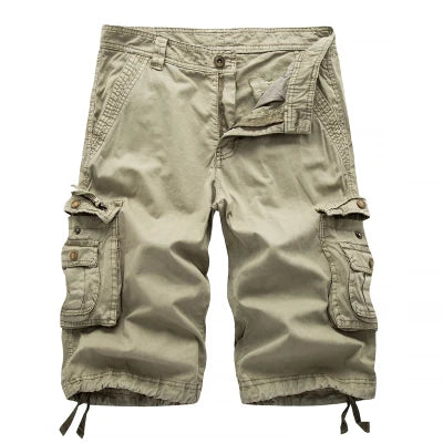 Khaki cargo shorts on a white background